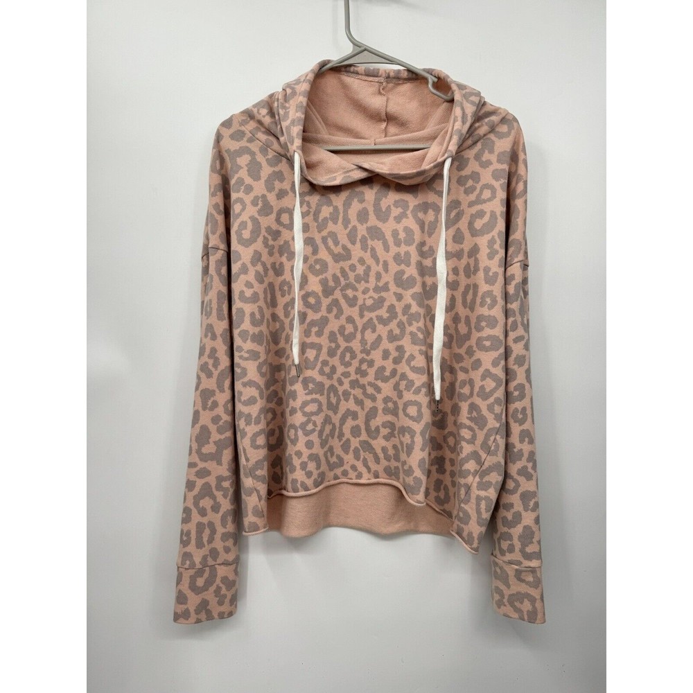 Peyton Jensen Sm Hoodie Women Pink Leopard Print Raw Hem Relaxed Fit Sweatshirt